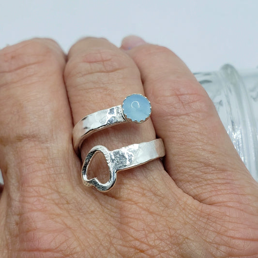 Sterling Silver Ring Hammered Style with Aquamarine And  Heart - Bypass Style