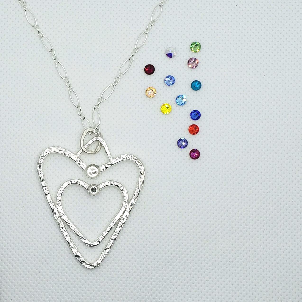 Sterling Silver Double Heart Pendant Necklace With Rhinestones Customizable