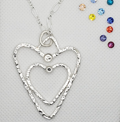 Handmade Sterling Silver Double Heart Pendant Necklace With Rhinestones Customizable