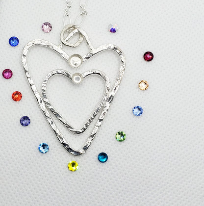 Sterling Silver Double Heart Pendant Necklace With Rhinestones Customizable