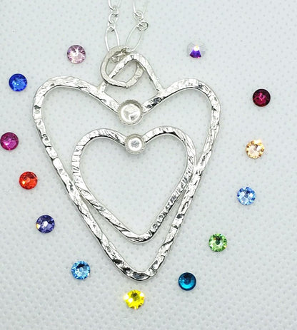 Handmade Sterling Silver Double Heart Pendant Necklace With Rhinestones Customizable