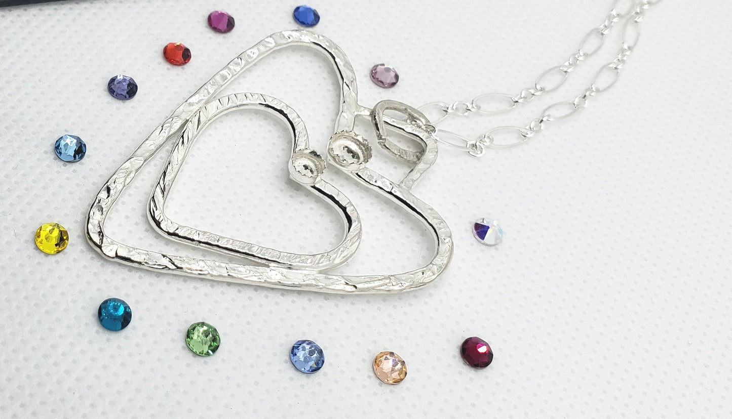 Sterling Silver Double Heart Pendant Necklace With Rhinestones Customizable