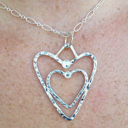 Sterling Silver Double Heart Pendant Necklace With Rhinestones Customizable