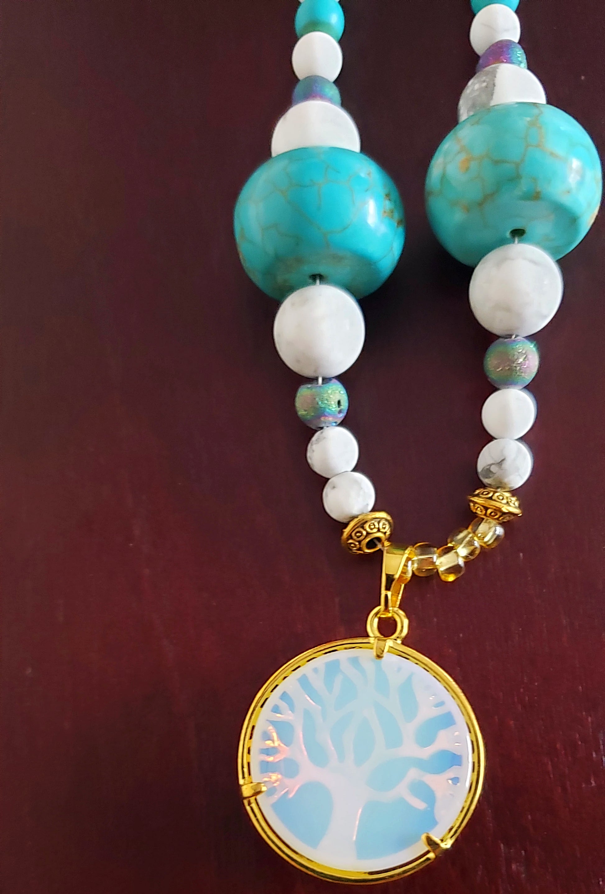 Tree Of Life With Natural White Iridescent Opalite Pendant, White And Turquoise Howlite, Druzy Agate Bead Necklace
