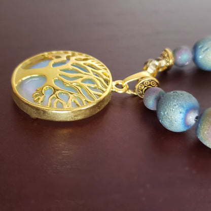 Tree Of Life With Natural White Iridescent Opalite Pendant With Agate Druzy Bead Necklace