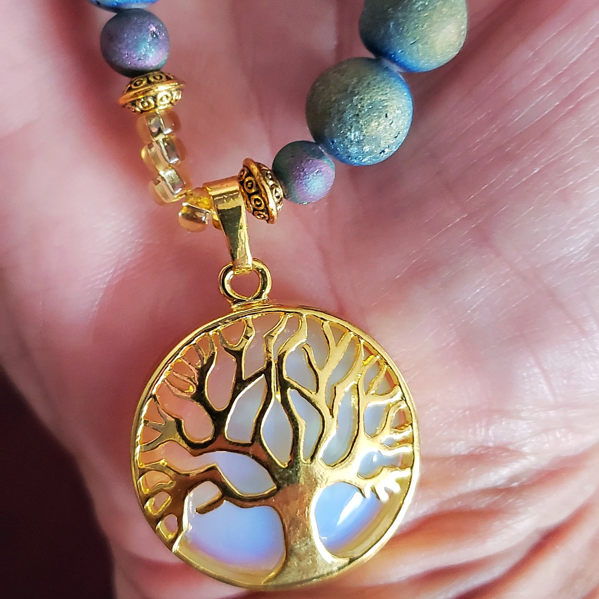 Tree Of Life With Natural White Iridescent Opalite Pendant With Agate Druzy Bead Necklace