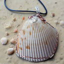Cockle Seashell Pendant with Silver & Copper Wire Wrap and Flower Swirls on Faux Leather Necklac