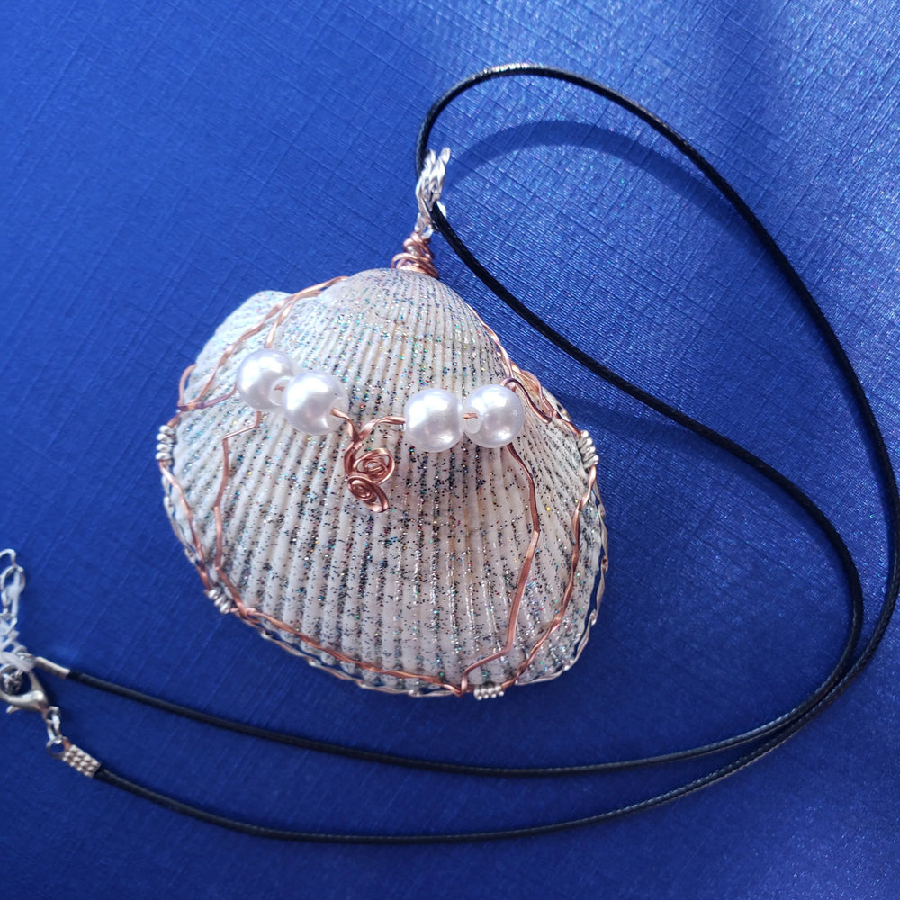 Large Cockle Shell Pendant-Glitter Coating Silver/Copper Tone Wire Wrapped & Encased-Beach Boho