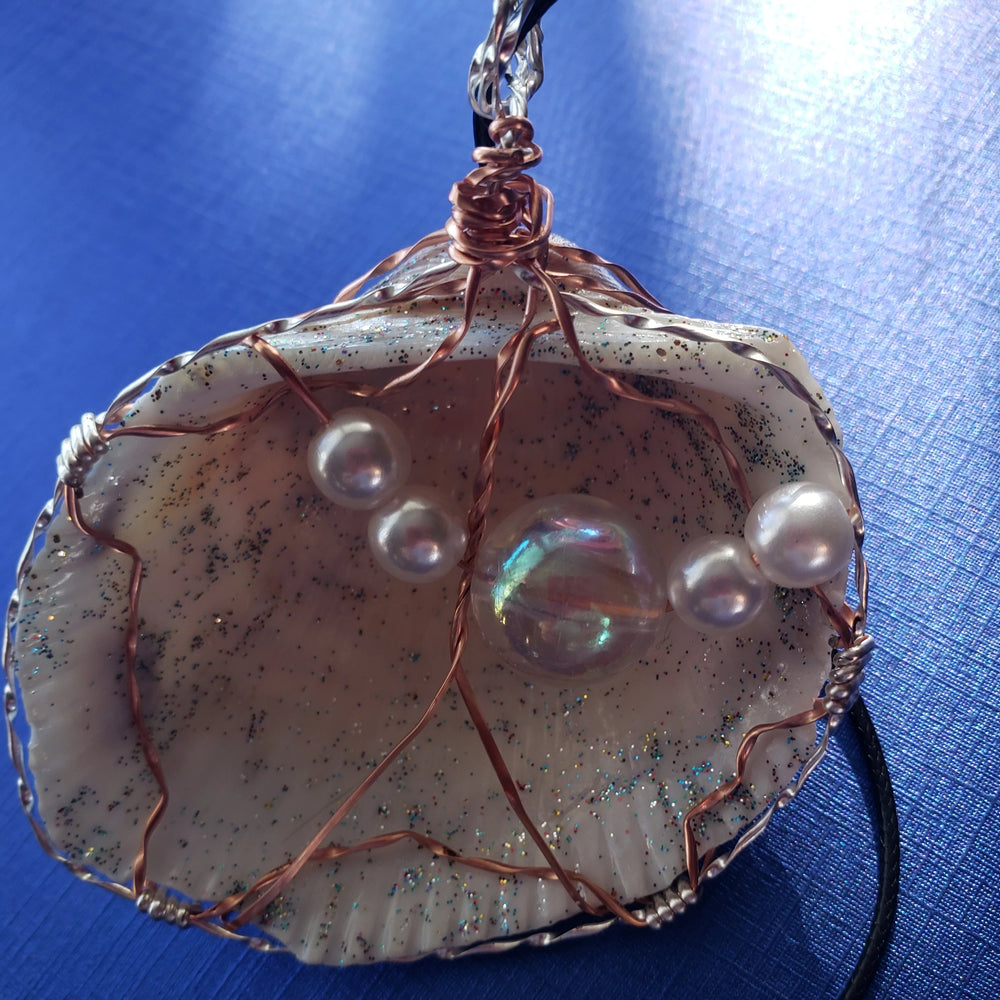 Large Cockle Shell Pendant-Glitter Coating Silver/Copper Tone Wire Wrapped & Encased-Beach Boho