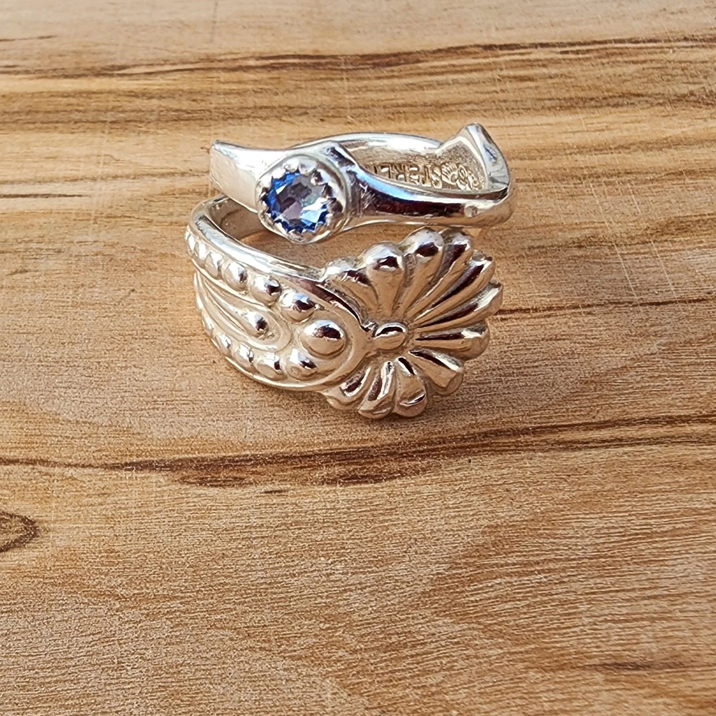 Vintage Spoon Ring With Aqua Swarovski Rhinestone
