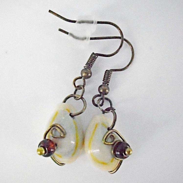 Cowrie Shell Ear Rings Wire Wrapped With Glass Bead