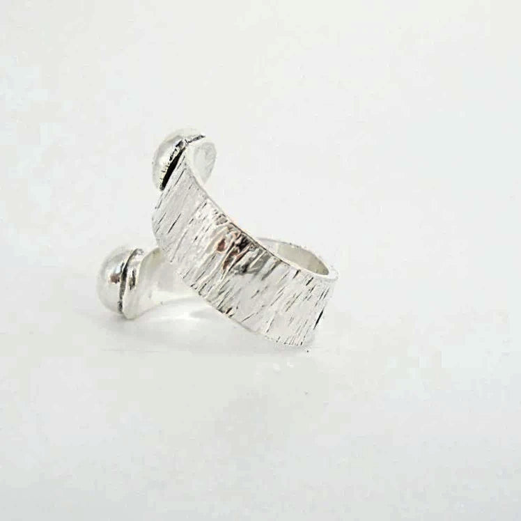 Sterling Silver Hammered Texture Minimalist Ring With Silver Beads - Adjustable - South Florida Boho Boutique