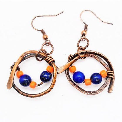 Sporty Copper Earrings  Hammered And Wrapped - Chicago Bears Colors - South Florida Boho Boutique