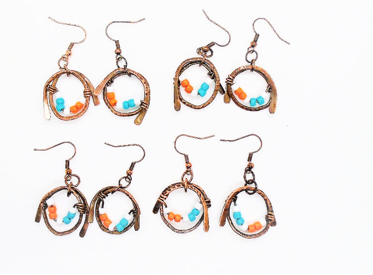 Sporty Copper Earrings Hammered And Wrapped - Miami Dolphins Colors - South Florida Boho Boutique