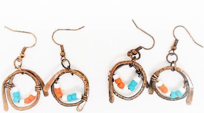 Sporty Copper Earrings Hammered And Wrapped - Miami Dolphins Colors - South Florida Boho Boutique