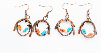 Sporty Copper Earrings Hammered And Wrapped - Miami Dolphins Colors - South Florida Boho Boutique