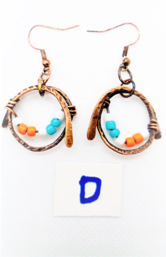 Sporty Copper Earrings Hammered And Wrapped - Miami Dolphins Colors - South Florida Boho Boutique