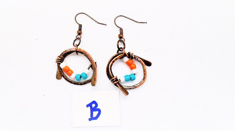 Sporty Copper Earrings Hammered And Wrapped - Miami Dolphins Colors - South Florida Boho Boutique