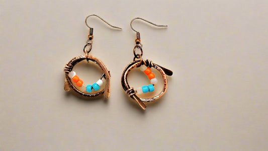 Sporty Copper Earrings Hammered And Wrapped - Miami Dolphins Colors - South Florida Boho Boutique