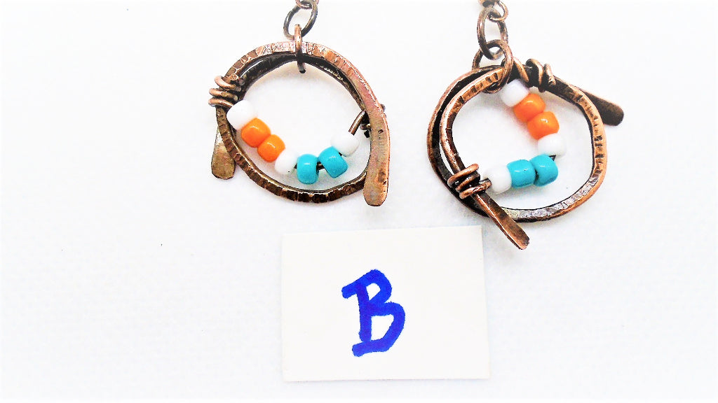 Sporty Copper Earrings Hammered And Wrapped - Miami Dolphins Colors - South Florida Boho Boutique