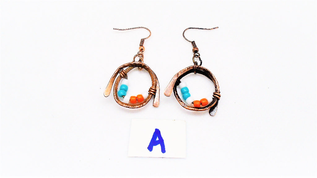 Sporty Copper Earrings Hammered And Wrapped - Miami Dolphins Colors - South Florida Boho Boutique