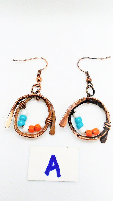 Sporty Copper Earrings Hammered And Wrapped - Miami Dolphins Colors - South Florida Boho Boutique
