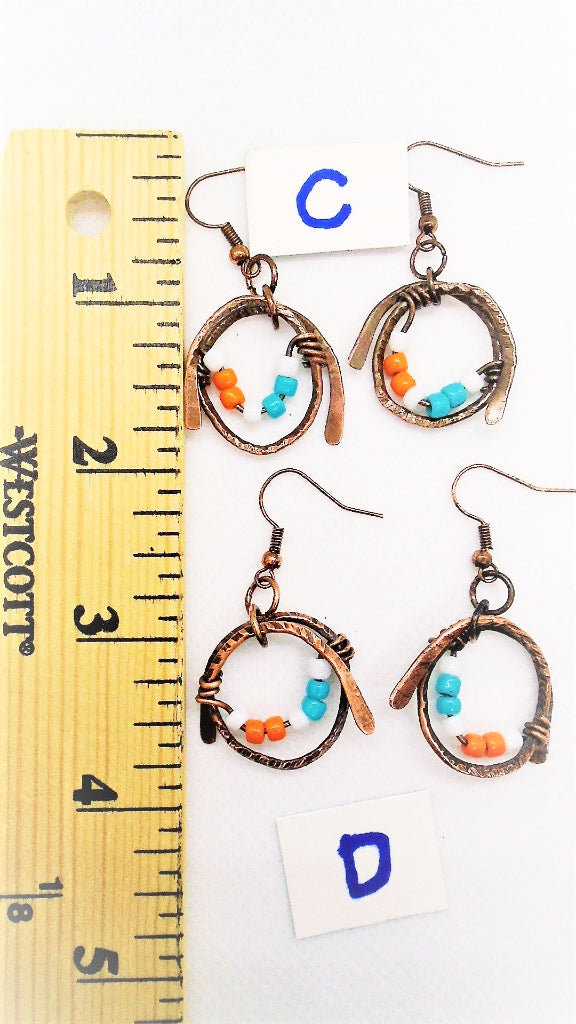 Sporty Copper Earrings Hammered And Wrapped - Miami Dolphins Colors - South Florida Boho Boutique