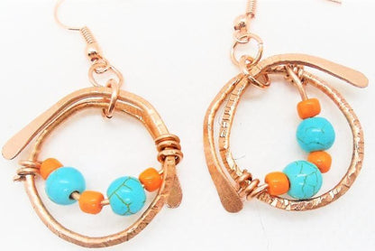 Sporty Copper Shiny Earrings  Hammered And Wrapped - Miami Dolphins Colors - South Florida Boho Boutique