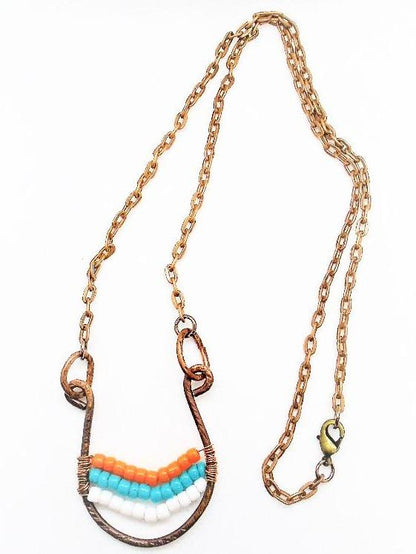 Sporty Copper Pendant Necklace Beaded  and Wrapped - Miami Dolphins Colors - South Florida Boho Boutique