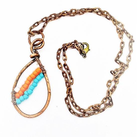 Sporty Copper Pendant Necklace Beaded  and Wrapped - Miami Dolphins Colors - South Florida Boho Boutique