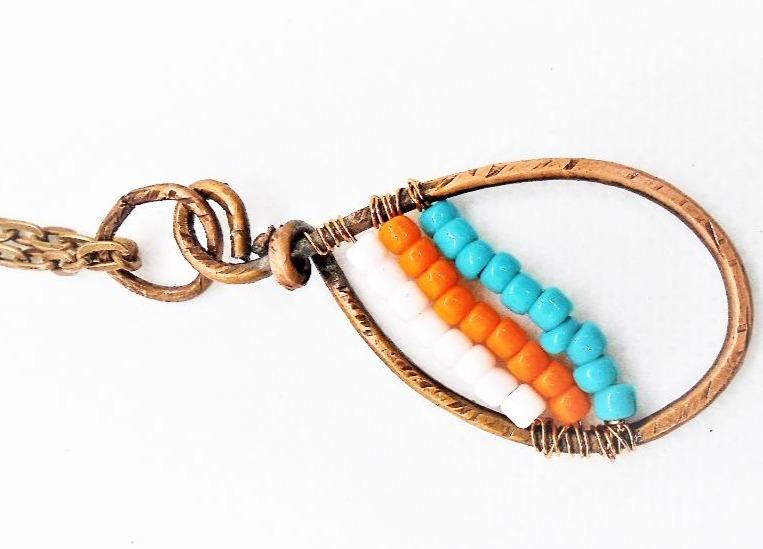 Sporty Copper Pendant Necklace Beaded  and Wrapped - Miami Dolphins Colors - South Florida Boho Boutique