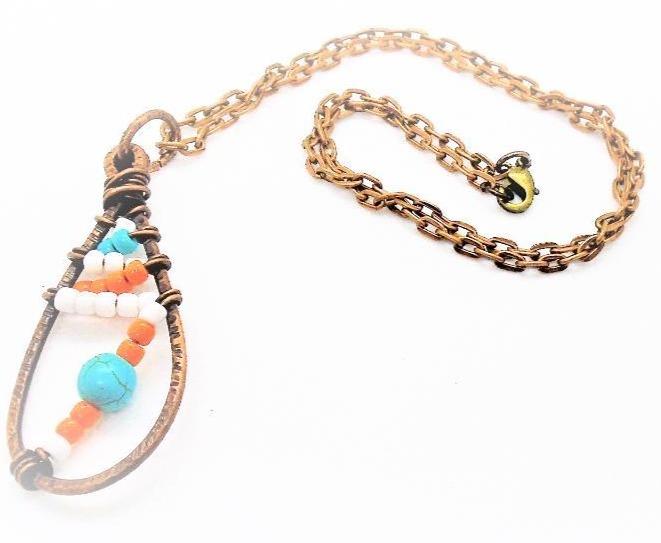 Sporty Copper Pendant Necklace Beaded  and Wrapped - Miami Dolphins Colors - South Florida Boho Boutique