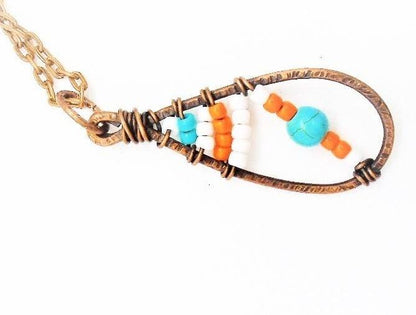 Sporty Copper Pendant Necklace Beaded  and Wrapped - Miami Dolphins Colors - South Florida Boho Boutique