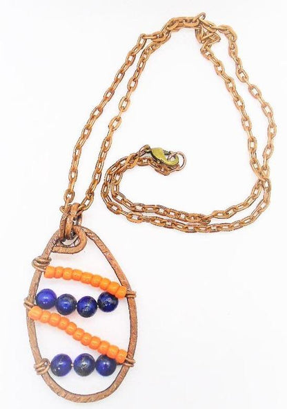 Sporty Copper Pendant Necklace Beaded  and Wrapped - Chicago Bears Colors - South Florida Boho Boutique