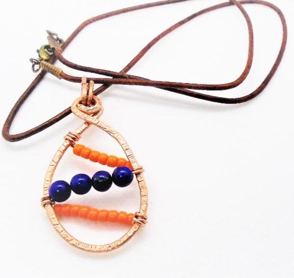 Sporty Copper Pendant Necklace Beaded  and Wrapped - Chicago Bears Colors - South Florida Boho Boutique