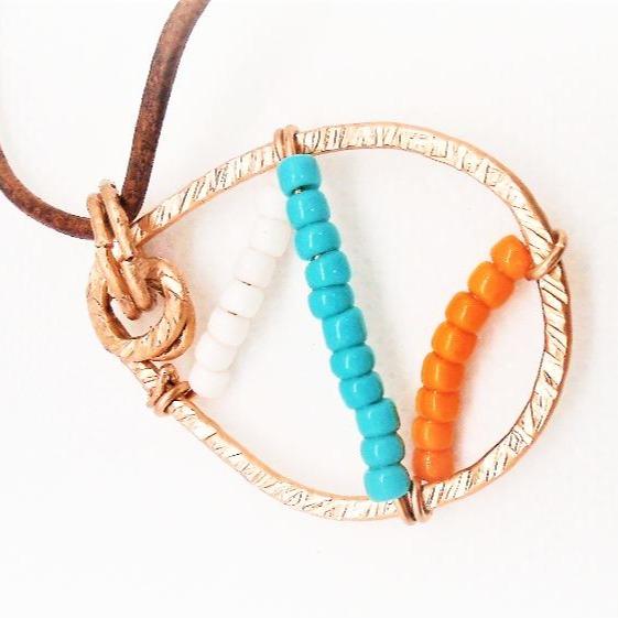 Sporty Copper Pendant Necklace Beaded  and Wrapped - Miami Dolphins Colors - South Florida Boho Boutique