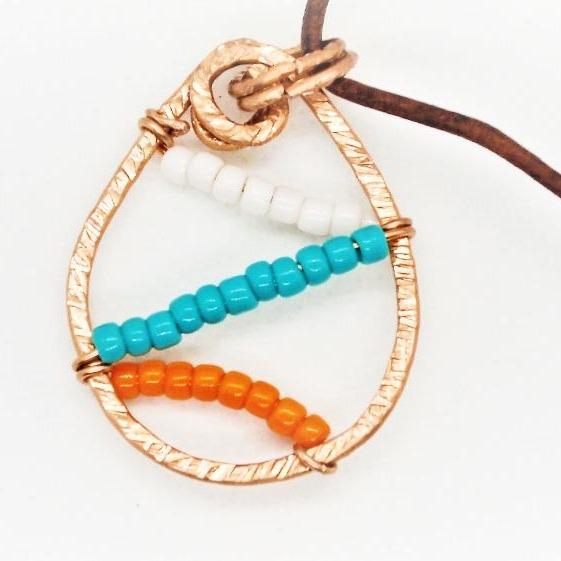 Sporty Copper Pendant Necklace Beaded  and Wrapped - Miami Dolphins Colors - South Florida Boho Boutique