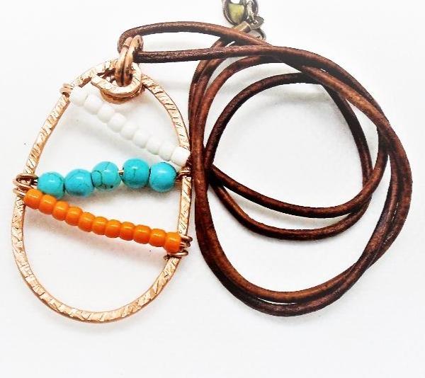 Sporty Copper Pendant Necklace Beaded  and Wrapped - Miami Dolphins Colors - South Florida Boho Boutique