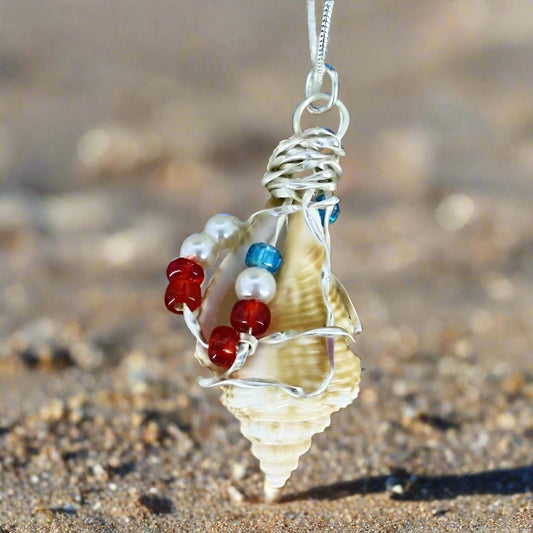 Natural Seashell Pendant-Silver Tone Wire Wrapped-Beach Boho-USA - South Florida Boho Boutique