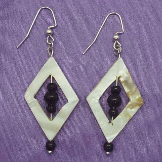 Diamond Shape Mother Of Pearl Ear Rings With Black Jasper - South Florida Boho Boutique