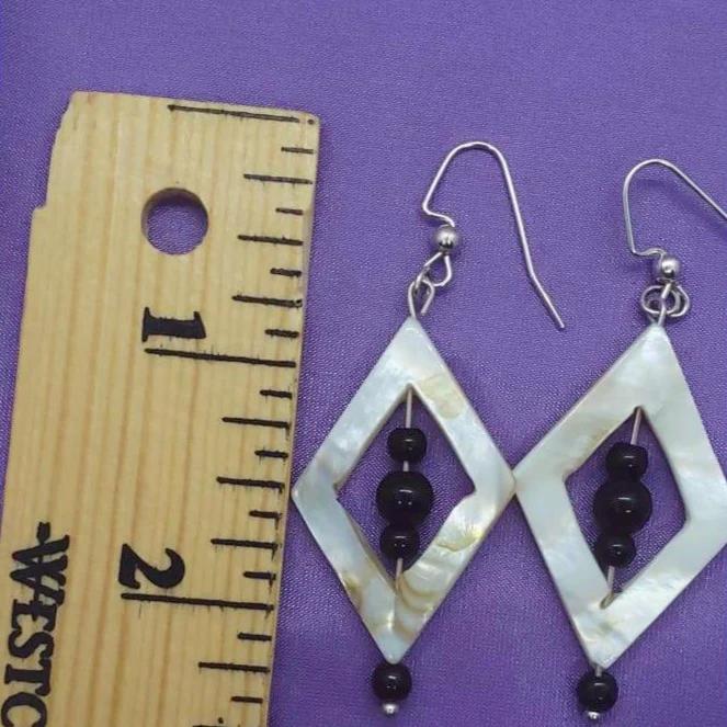 Diamond Shape Mother Of Pearl Ear Rings With Black Jasper - South Florida Boho Boutique