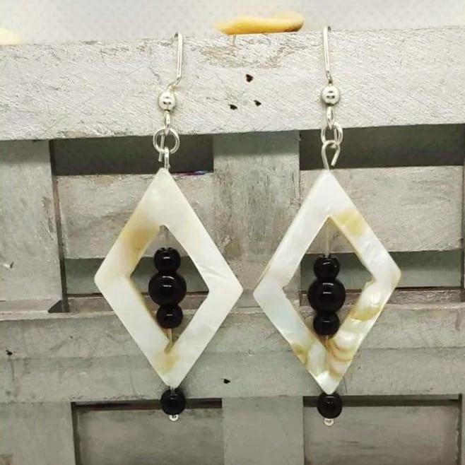 Diamond Shape Mother Of Pearl Ear Rings With Black Jasper - South Florida Boho Boutique