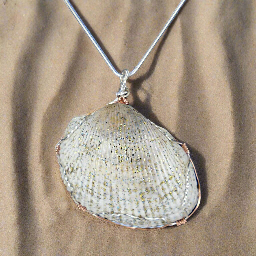 Cockle Shell Pendant Glitter Coated Silver/Copper Tone Wire Wrapped-Beach Boho - South Florida Boho Boutique