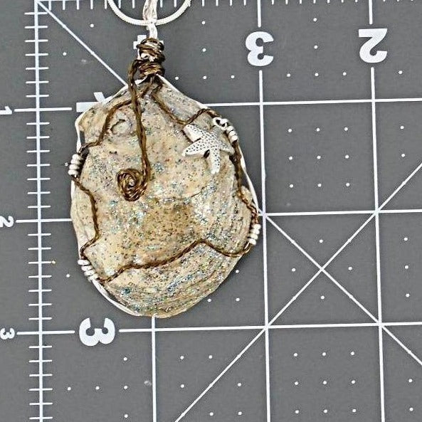 Oyster Pendant-Glitter Glazed-Silver/Vintage Tone Wire Wrapped-Starfish Charm - South Florida Boho Boutique