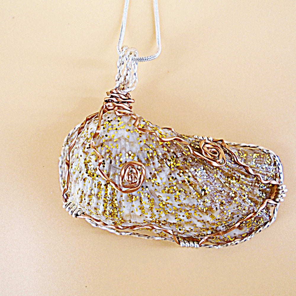 Angel Wing Seashell Pendant-Copper/Silver Tone Wire Wrap-Glitter Glazed - South Florida Boho Boutique