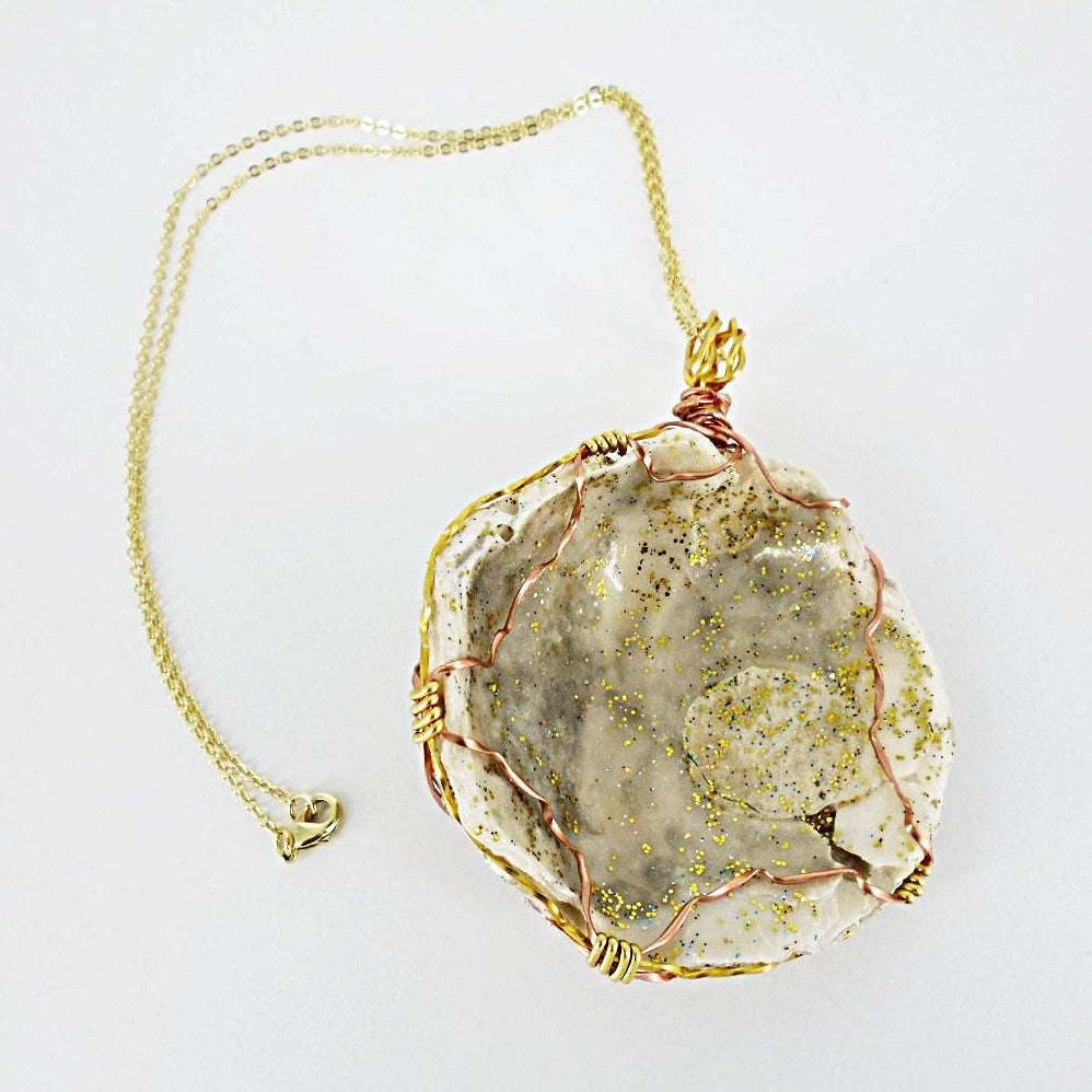 Oyster Shell Pendant-Gold/Copper Wire Wrapped and Glitter glazed-Beach Boho - South Florida Boho Boutique