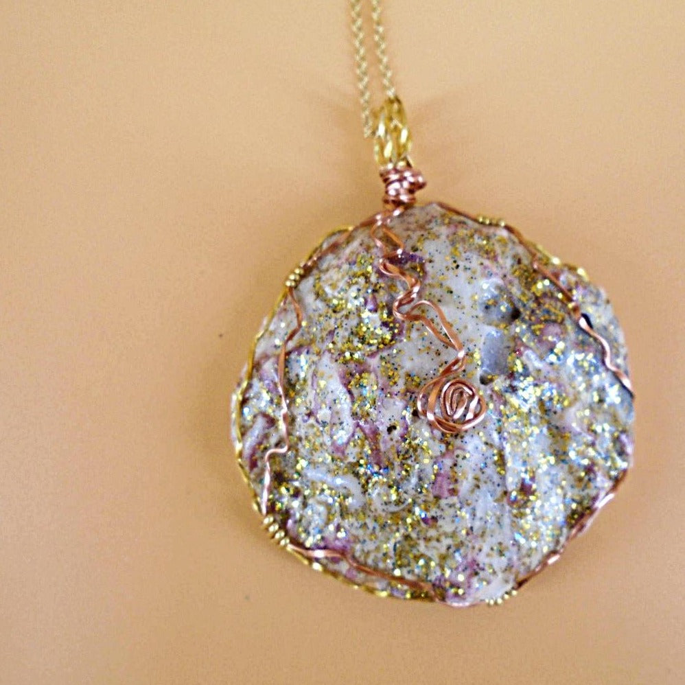 Oyster Shell Pendant-Gold/Copper Wire Wrapped and Glitter glazed-Beach Boho - South Florida Boho Boutique