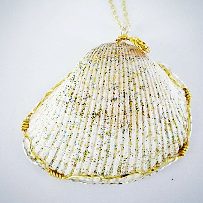 Large Cockle Seashell Pendant-glitter glazed-gold/silver tone wire wrapped-Beach Boho - South Florida Boho Boutique