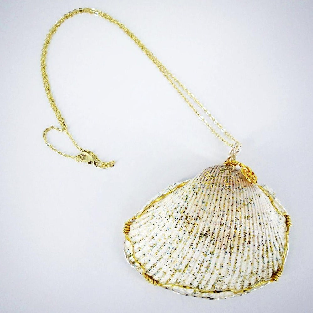 Large Cockle Seashell Pendant-glitter glazed-gold/silver tone wire wrapped-Beach Boho - South Florida Boho Boutique