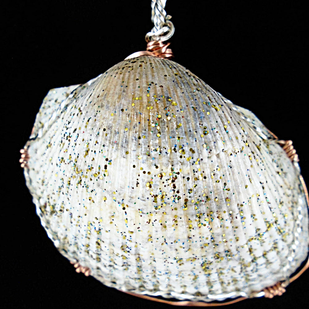 Cockle Shell Pendant Glitter Coated Silver/Copper Tone Wire Wrapped-Beach Boho - South Florida Boho Boutique